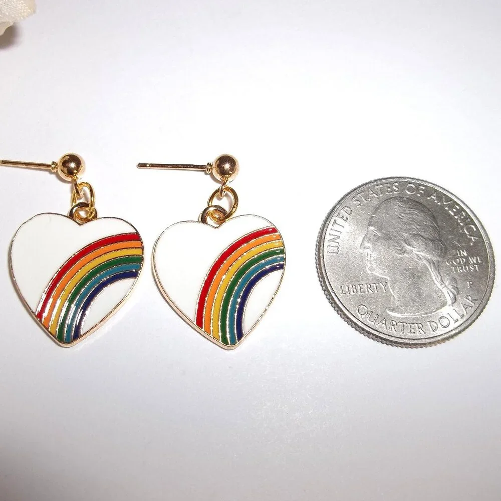 Rainbow Earring White Heart Gold Post Costume Jewelry Set Pair Dangle Pride C884 - Picture 2 of 6